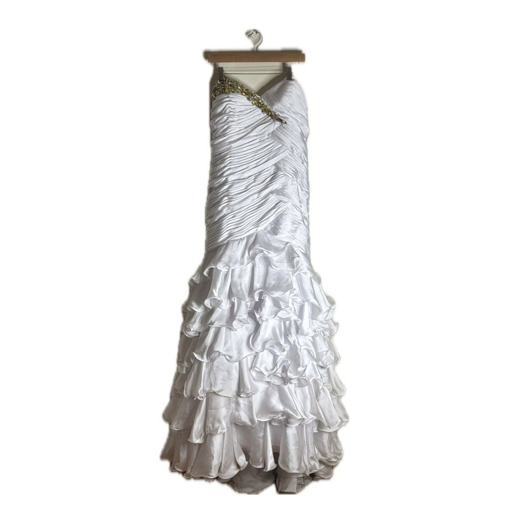 Mac Duggal Couture Dress Womens 18 White 4911H Ruffle Gown Strapless Beaded Prom
